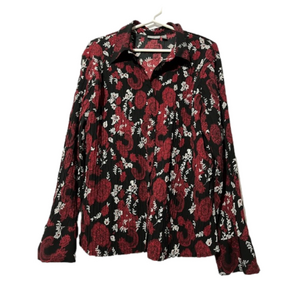 Apt. 9 Button Down High Stretch Blouse Size XL  Black Red White Paisley Floral
